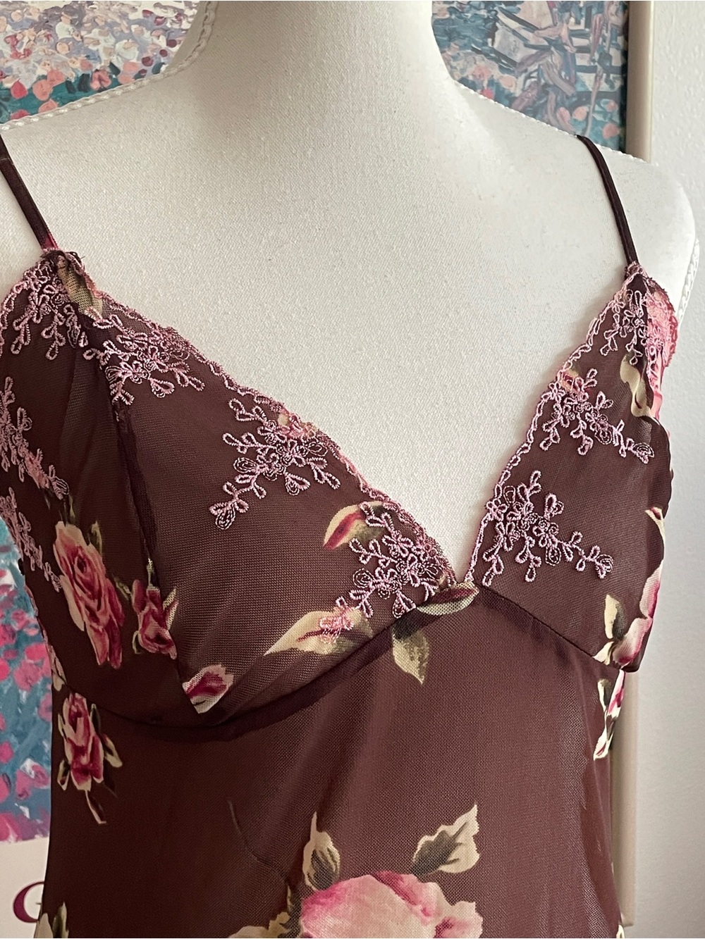 Y2K Floral Lace Coquette Fairy Slip Dress Medium Brown V-Neck Sheer Shabby Chic - Picture 5 of 9